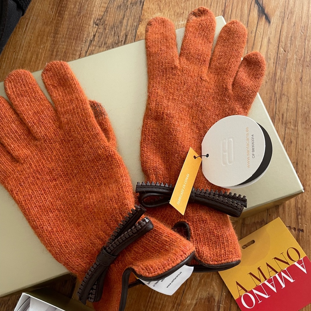 Papaya Orange Knitted Winter Gloves with leather seam